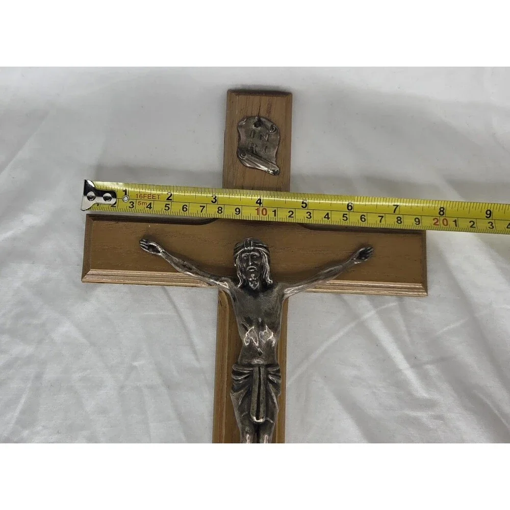 Vintage Wood & Brass Catholic Cross Crucifix INRI Wall Hanging Religious 15''